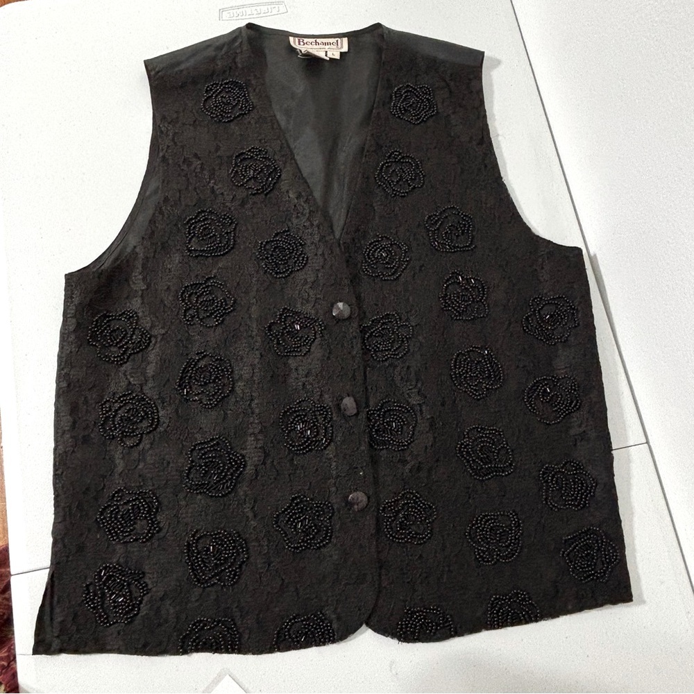Bechamel Vtg Black Lace Vest Sz L Beaded Flowers Dark Cottagecore Boho Evening